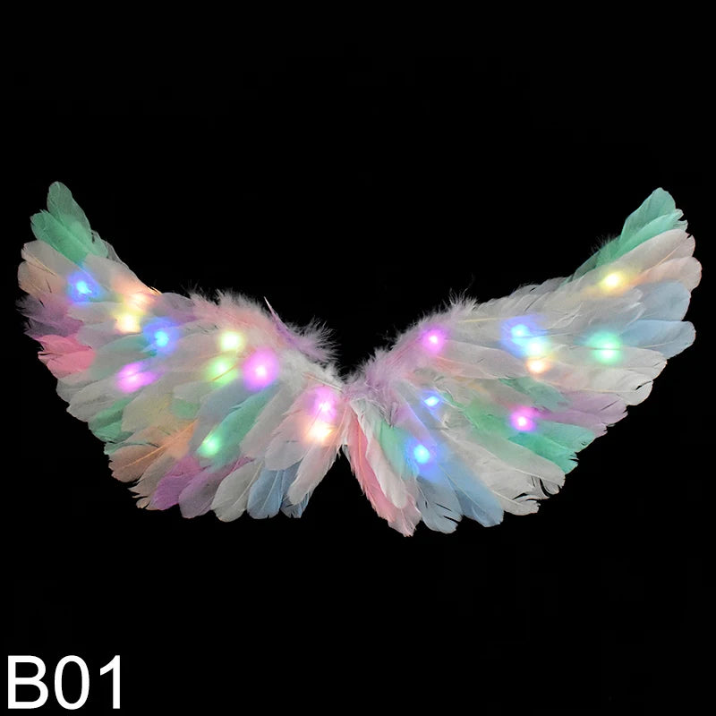 LED Colour Angel Feather Wings Girls Unicorn Halo Headband Fairy Stick Luminous Prop Cosplay Party Costume Glowing Accessories