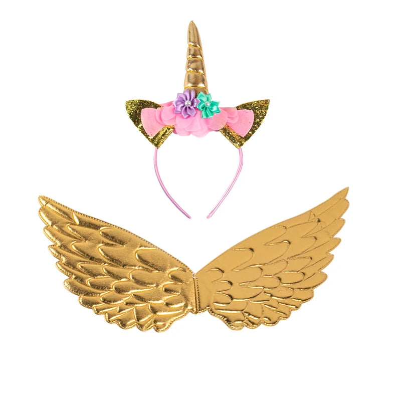Unicorn Headband Girls' Fairy Rainbow Wings Flowers Headwear Accessory Unicorn Birthday Party Decoration Princess Dress Up Toys