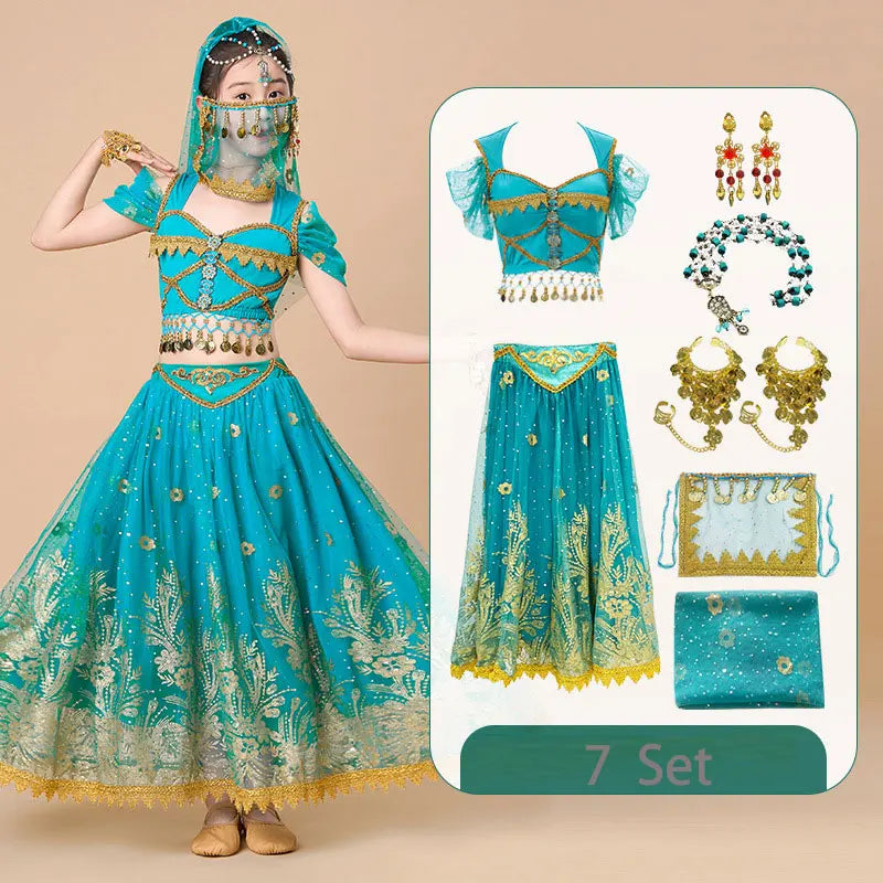  Kids India Princess Belly Dance Set Oriental Indian Dance Sari Girl Performance Costume Bollywood Children Stage Outfit