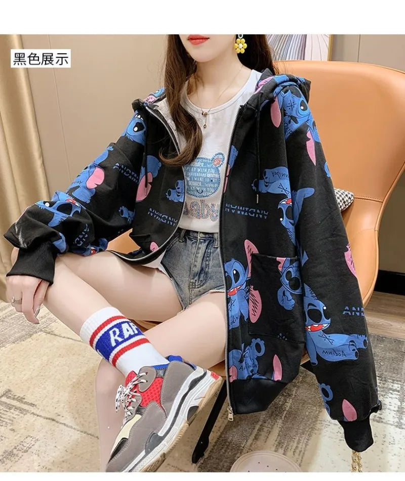 New Lilo and Stitch Hooded Sweatshirt Kawaii Women's Loose Top Thin Design Anime Printed Accessories Cartoon Cardigan Jacket