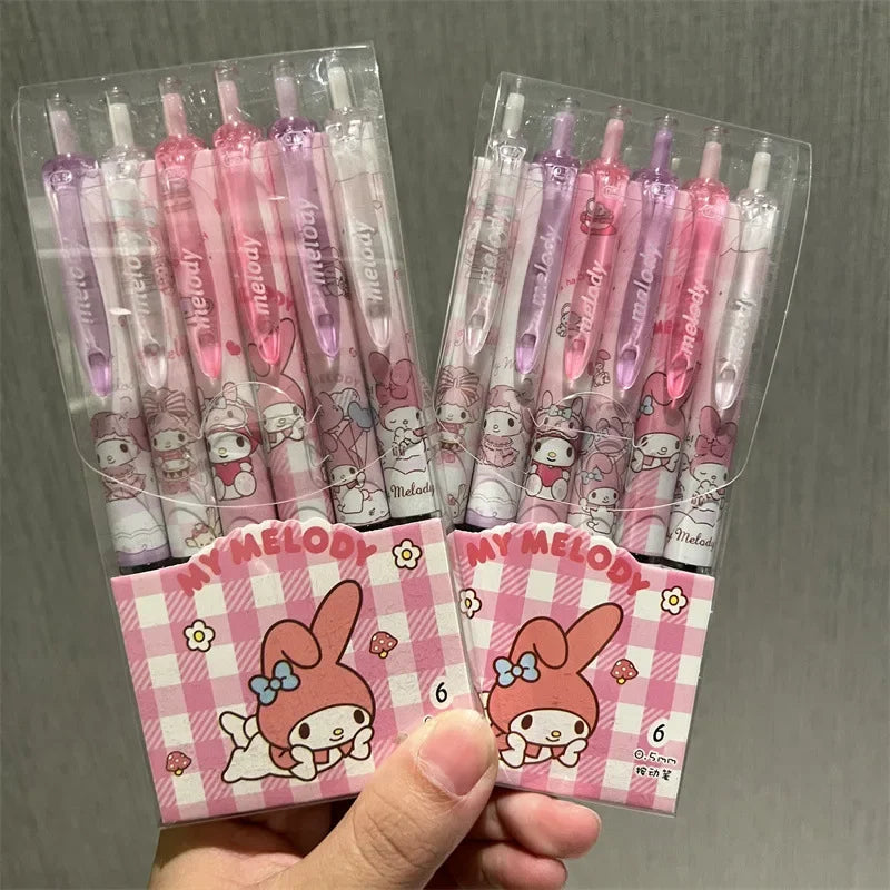 Sanrio 6pcs Series Gel Pen 0.55mm Refill Hello Kitty Y2k Cinnamoroll Kuromi MelodyCartoon Press Pen Black Stationery Supplies