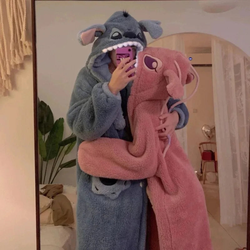 2024 New Lilo & Stitch Winter Thickened Plush Cosplay Cartoon Hooded Couple Pajamas Flannel Men & Women Loungewear Set