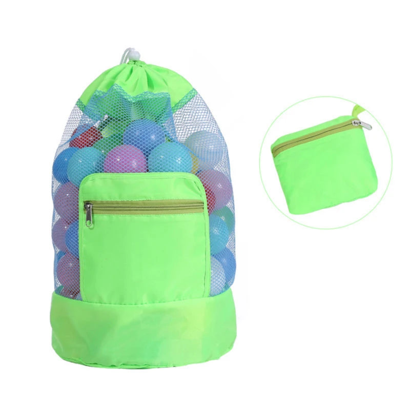 Foldable Beach Toy Bag Beach Storage Pouch Tote Mesh Bag Travel Toy Organizer Sundries Net Drawstring Storage Backpack