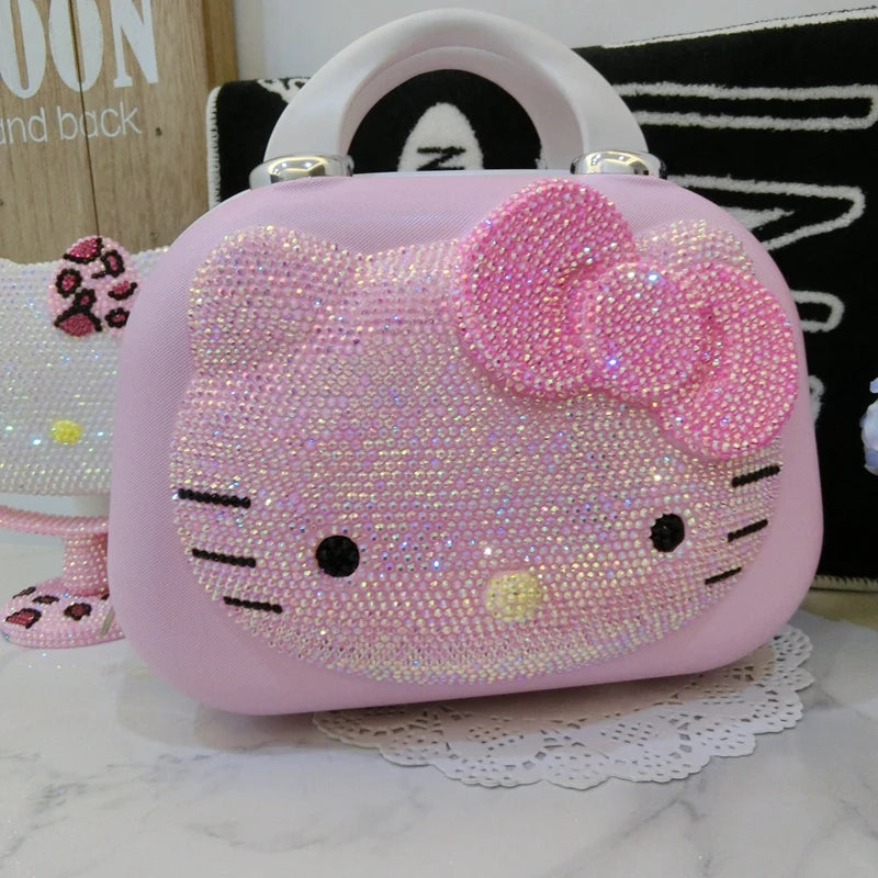 Kawaii 14 Inches Hello Kitty Cosmetic Case Sanrioed Anime Suitcase High Capacity with Lock Storage Bag Girl High End Gift Travel