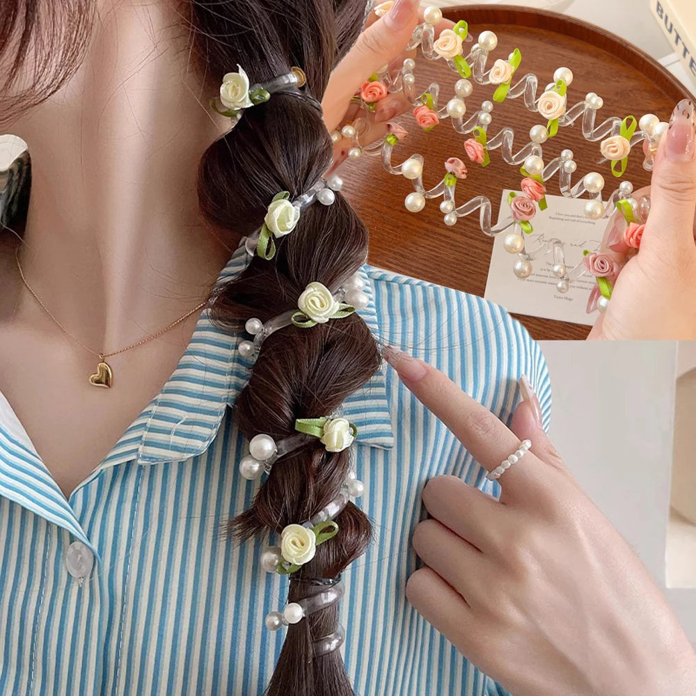 Rose Bead Telephone Line Headband Charming Tied Ponytail Braid Hair Rope Headband High Elasticity Rubber Band Pearl Headwears