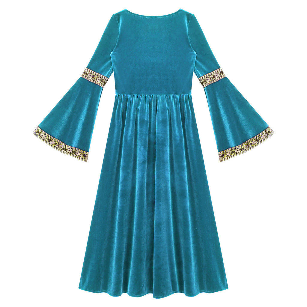 Kids Girls Medieval Renaissance Princess Costume Velvet Long Flare Sleeve Vintage Dress Gown Carnival Party Cosplay Dress Up