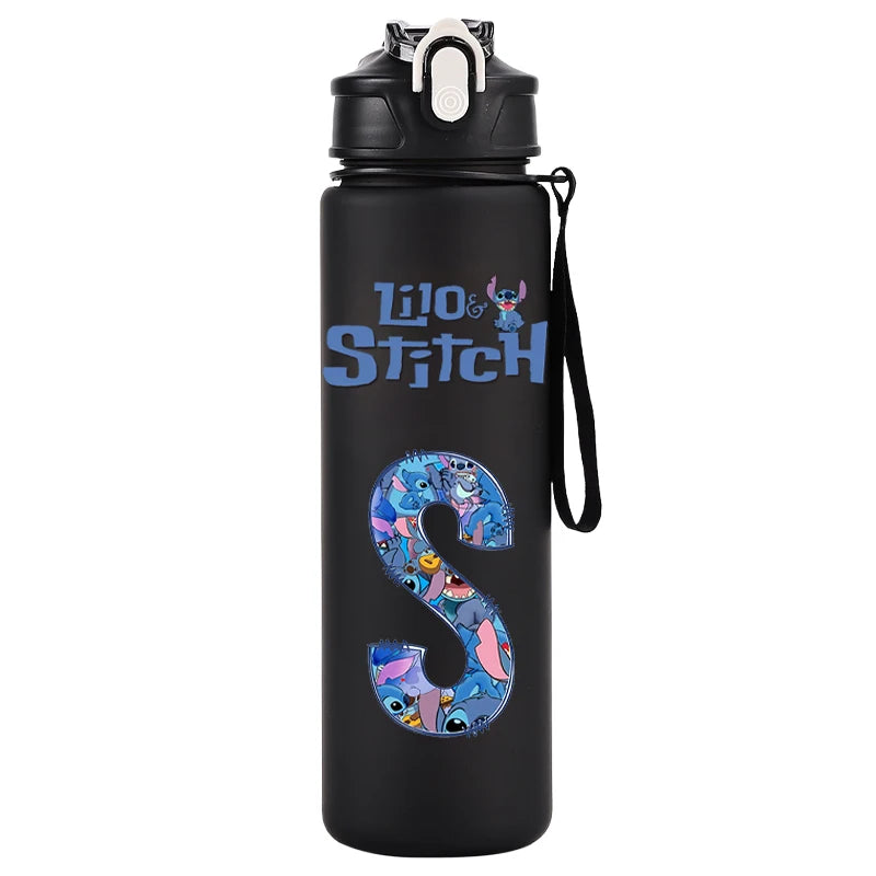 750ml Water Bottle Letter A-Z Printed Lilo Stitch Black Large Capacity Drinking Cup Portable Outdoor Sport Water Cup Kid Gifts