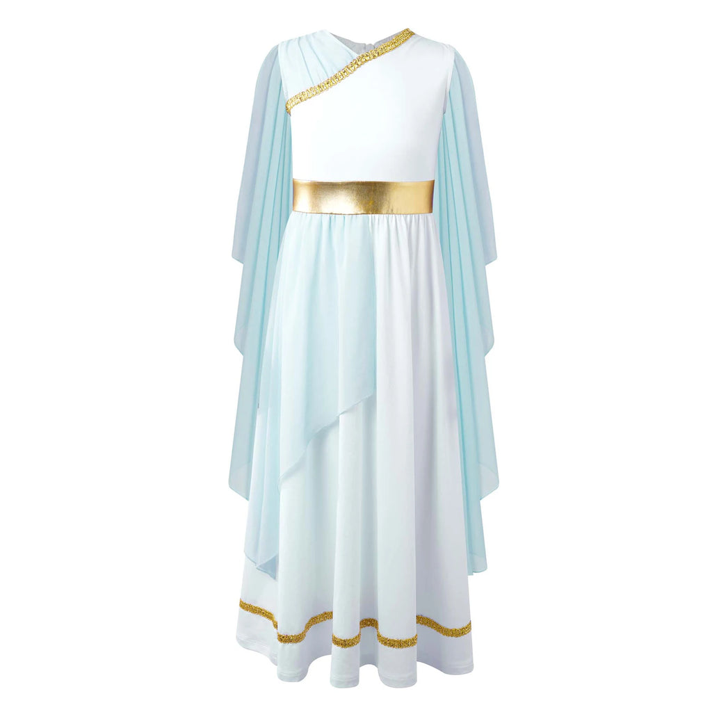 Kids Girls Ancient Greek Princess Toga Goddesses Costume Party Grecian Sleeveless Gown Dress Shawls Patchwork Flowy Tulle Dress