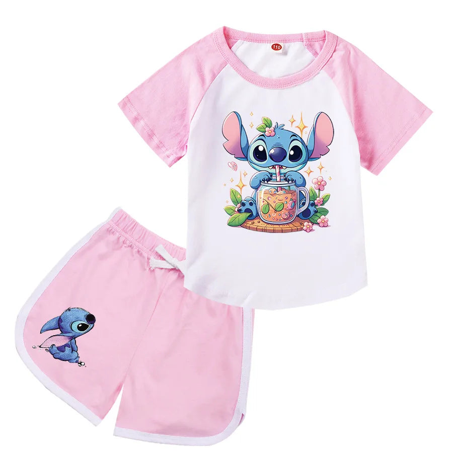 Lilo And Stitch Kids Costume Girls Casual Outfits Boys Short Sleeves T-shirt Shorts 2 Pcs Sets Girls Casual Sportswear