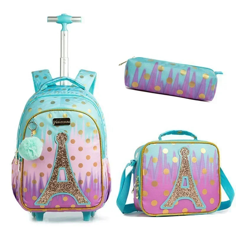 Children's School Backpack with Wheels Kids Wheeled School Bag Teenagers Bag Girls Canvas Backpack Travel Luggage Trolley Bags