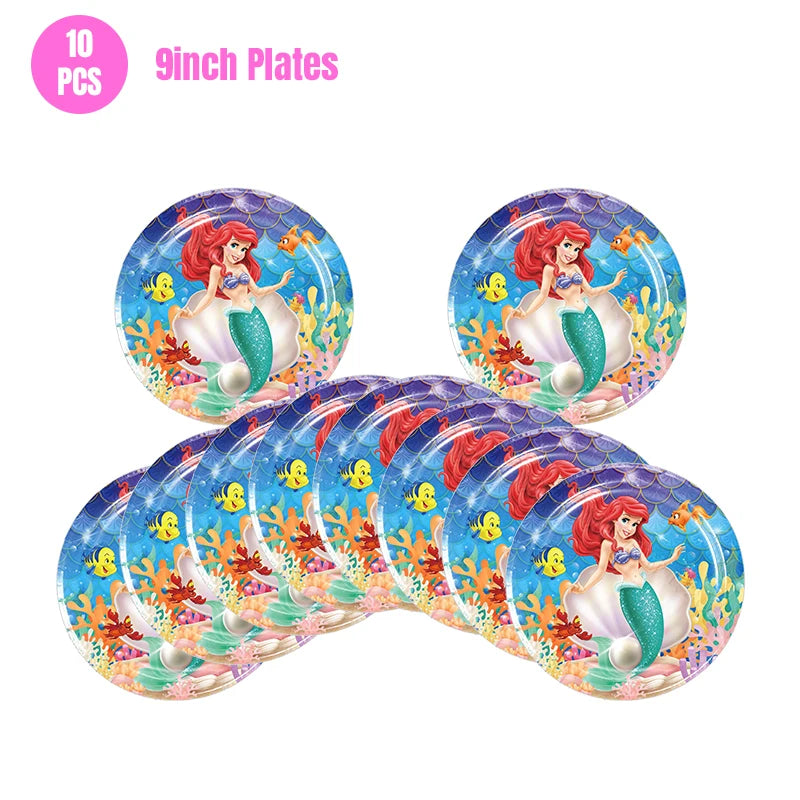Mermaid Ariel Princess Birthday Party Decorations Disposable Tableware Plate Straw Cup Balloons Baby Shower Party Supplies