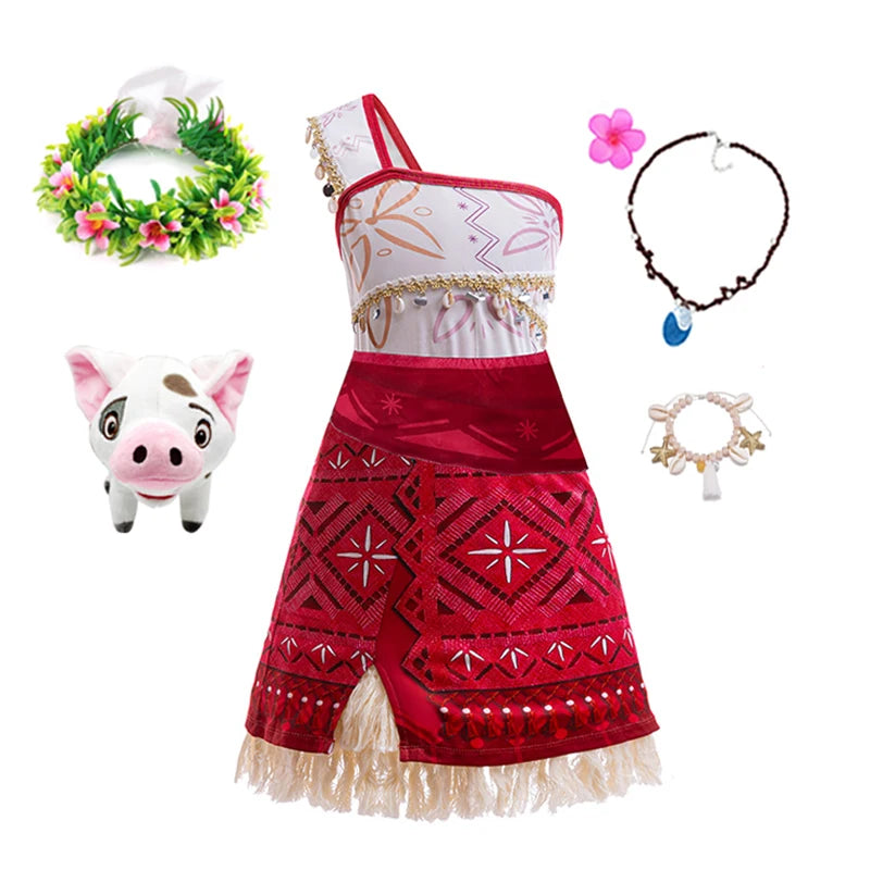 New Movie Moana 2 Dress Girls Cosplay Vaiana Princess Costume Girls One-Shoulder Suspender Dress Accessories Set