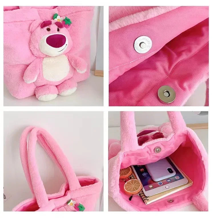 MINISO 2024 New Cartoon Plush Doll Shoulder Bag Sweet and Cute Stitch Strawberry Bear Soft Cute Girls Handbag