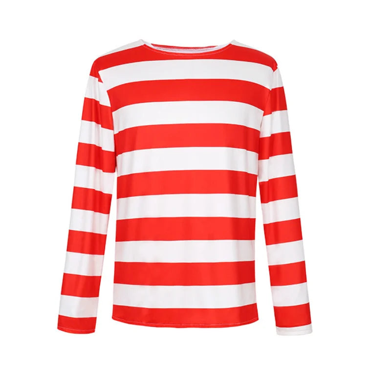 Classic Wheres Waldo Red White Striped Shirt for Men Wally Round Glasses and Hat Costume Set Unisex Halloween Cosplay Outfit