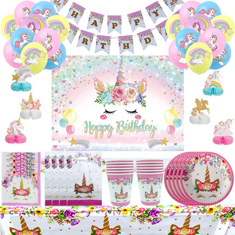 Unicorn Decoration For Birthday Girl Happy Birthday Unicorn Them Deco Kit Tableware Background Banner Balloons Supplies For Kids
