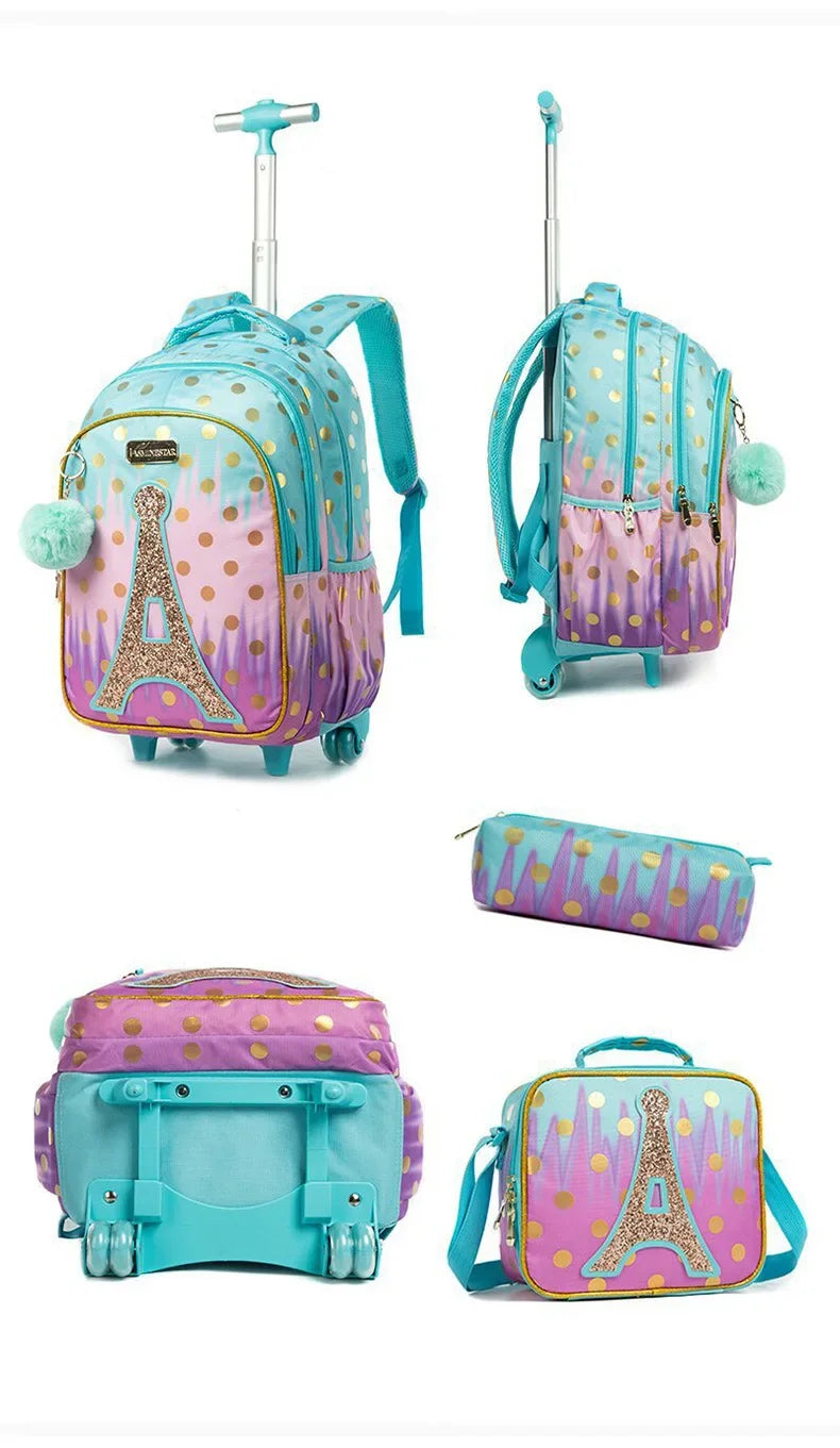 Children's School Backpack with Wheels Kids Wheeled School Bag Teenagers Bag Girls Canvas Backpack Travel Luggage Trolley Bags