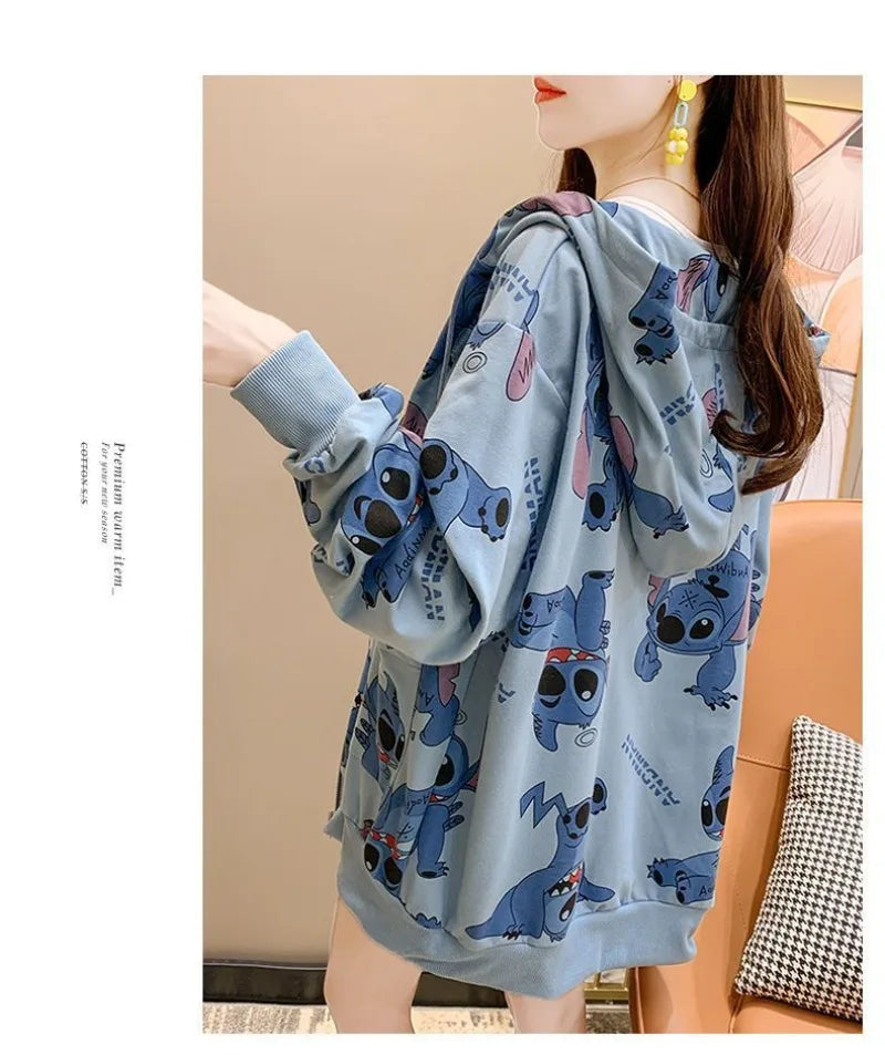 New Lilo and Stitch Hooded Sweatshirt Kawaii Women's Loose Top Thin Design Anime Printed Accessories Cartoon Cardigan Jacket