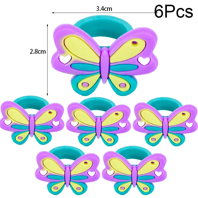 6/10pcs Cartoon Unicorn Butterfly Ring Girls Jewelry Silicone Ring Toys For Kids Unicorn Birthday Party Decor Gifts Filler Prize
