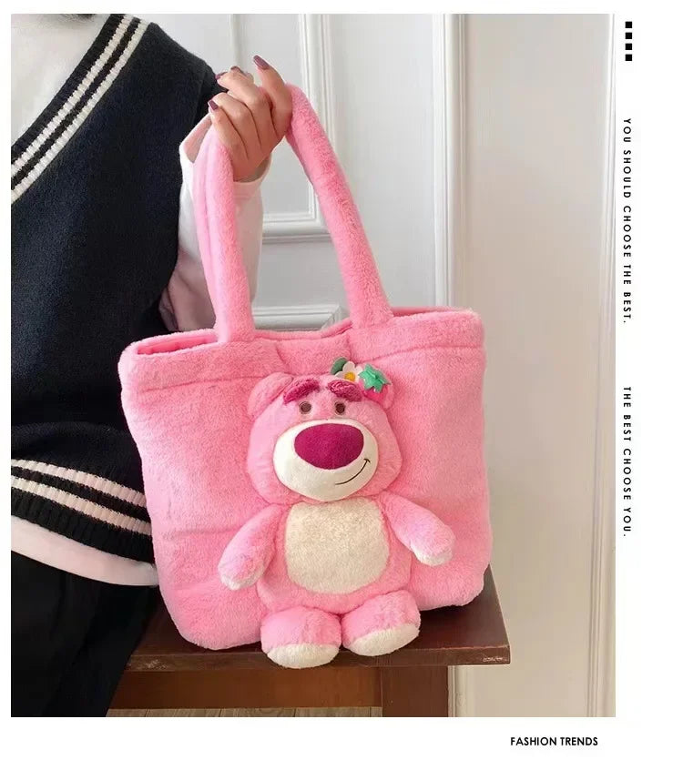 MINISO 2024 New Cartoon Plush Doll Shoulder Bag Sweet and Cute Stitch Strawberry Bear Soft Cute Girls Handbag