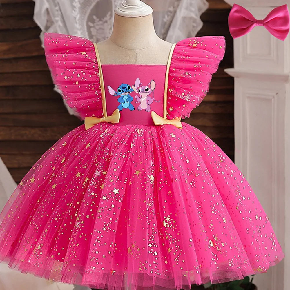 Lilo Stitch Princess Dress for Girls Sequined Star Ruffle Bow Tutu Gown Baby Formal Gala Prom Gown Kids Evening Party Costume