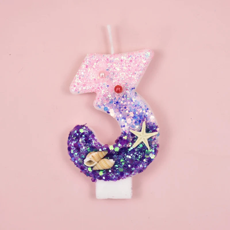 Mermaid Cake Candle Pink Purple 0-9Numbers Cake Topper Girl Little Mermaid Birthday Party Cake Decoration Supplies Under the sea