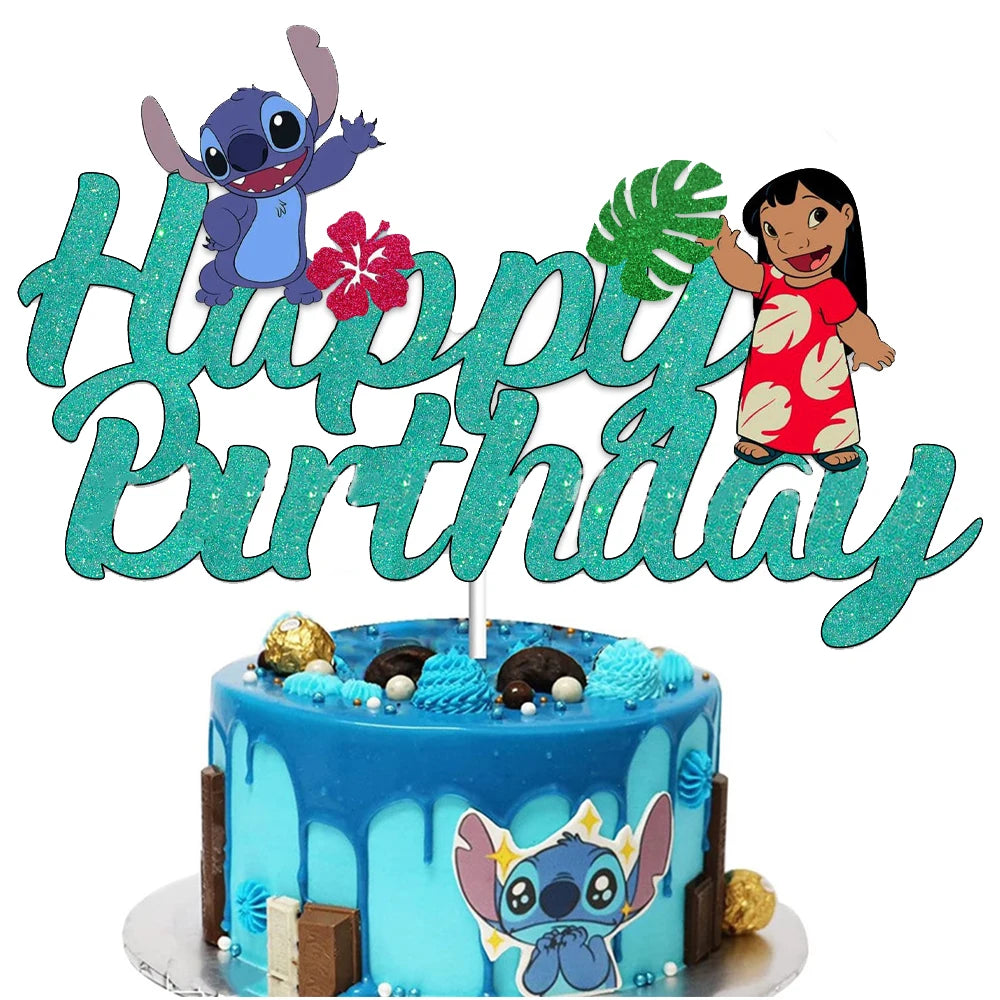 Lilo & Stitch Glitter Cake Topper Happy Birthday Decorations for Kids Boy Girl Baby Shower Cupcake Dessert Decor Supplies
