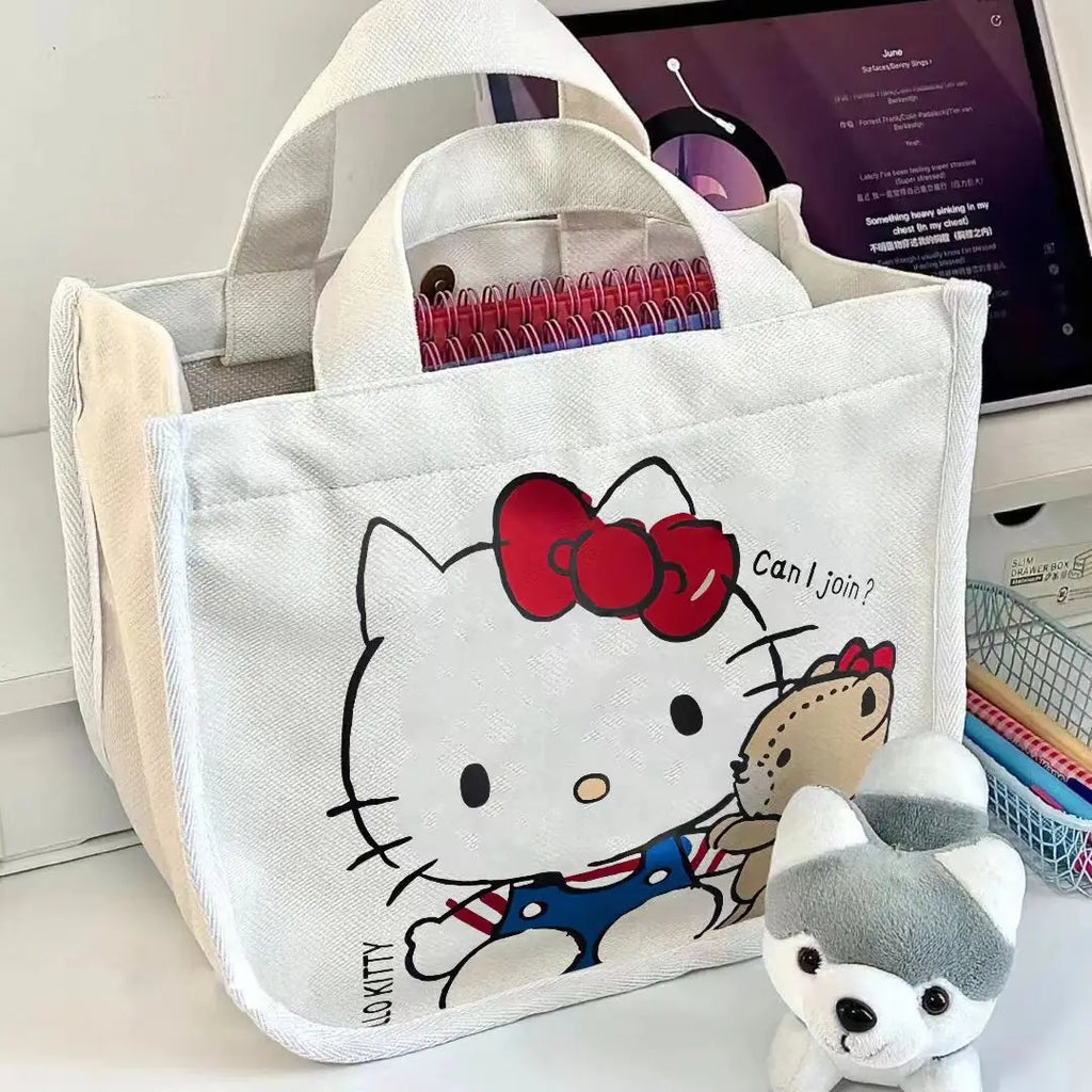 Hello Kitty Canvas Bag Sanrio Tote Bag Shoulder Storage Makeup Pouch Anime Handbag Travel Shopping Bag Kid Schoolbag Girl Gift