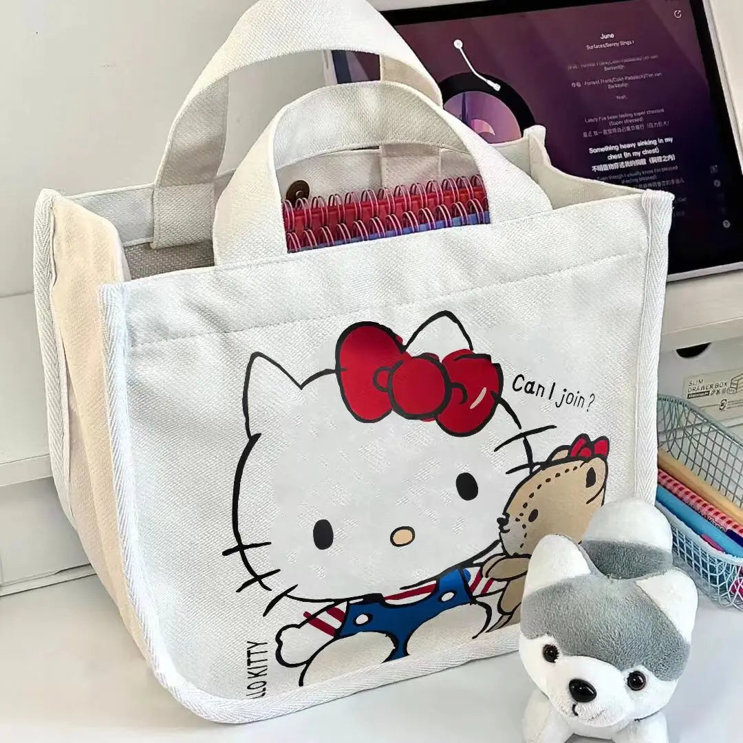 Hello Kitty Canvas Bag Sanrio Tote Bag Shoulder Storage Makeup Pouch Anime Handbag Travel Shopping Bag Kid Schoolbag Girl Gift