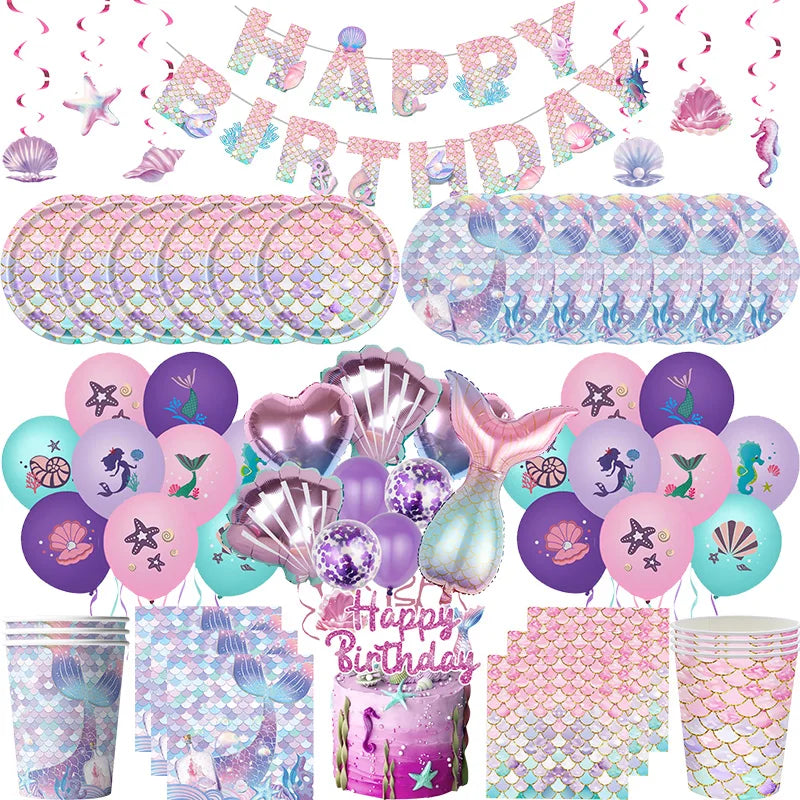 Mermaid Birthday Party Decorations Balloon Tableware Tablecloth Hanging Banner Party Decorations For Child Favors Supplies Kit