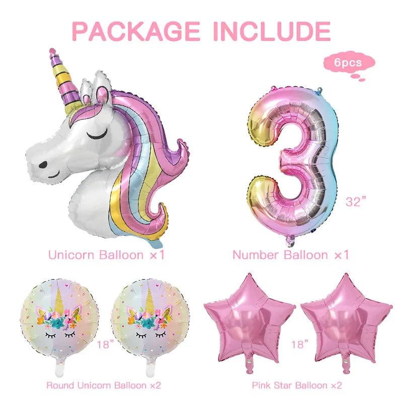 1Set Rainbow Unicorn Balloon 32 inch Number Foil Balloons 1st Kids Unicorn Theme Birthday Party Decorations Baby Shower Globos