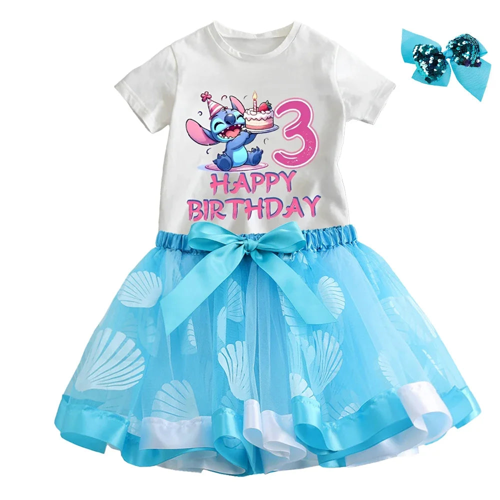 Lilo&Stitch Baby Girls Dress Sets Clothes Kids Cute Number Printed T-shirt+Skirt 2pcs Children Princess Birthday Party Costumes