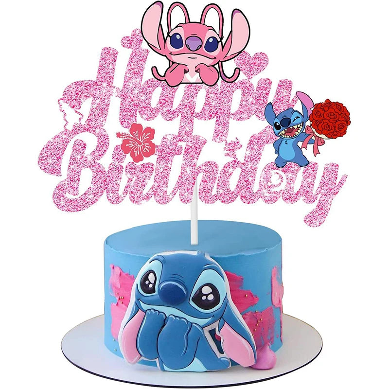 Lilo & Stitch Glitter Cake Topper Happy Birthday Decorations for Kids Boy Girl Baby Shower Cupcake Dessert Decor Supplies