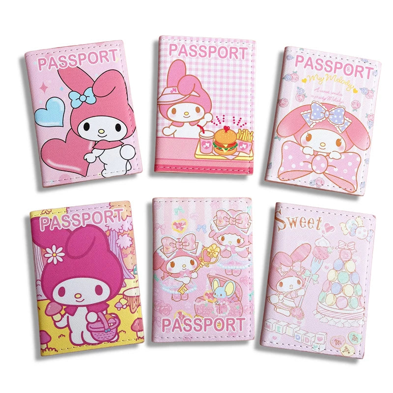 Sanrio MY Melody Passport Cover Girls Travel Passport Holder PU Leather Function Business Card Case For Women ID Card Holder