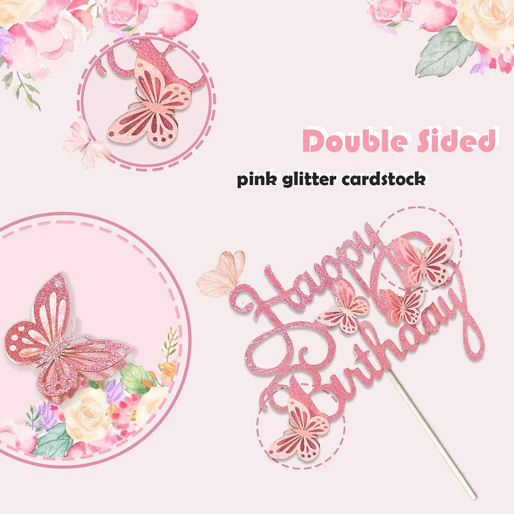 13pcs Pink Butterfly Cake Toppers Happy Birthday Cake Topper 3D Butterfly Decorations for Girls Shower Birthday Cake Decorations