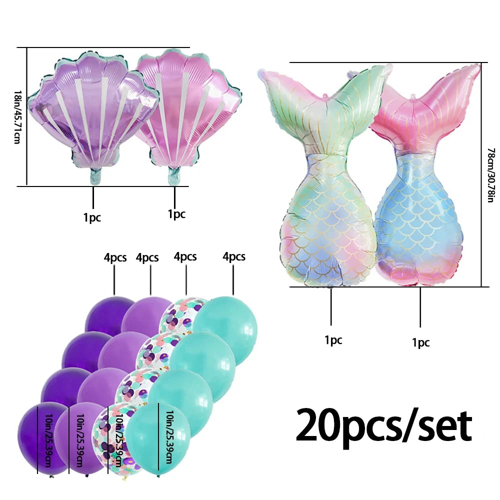 20pcs Mermaid Tail Shell Colorful Paper Balloon Set with Mermaid Theme Birthday Wedding Party Decoration Balloon