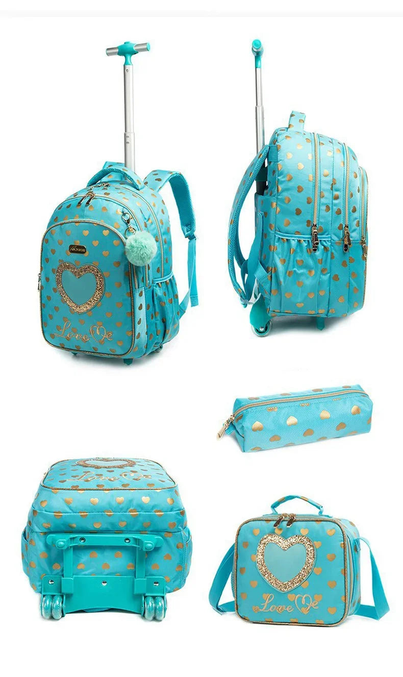 Children's School Backpack with Wheels Kids Wheeled School Bag Teenagers Bag Girls Canvas Backpack Travel Luggage Trolley Bags