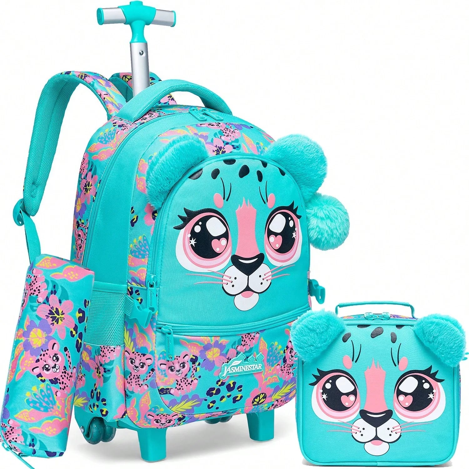 3PCS Cute Rolling Backpack for Girls Backpacks with Wheels for Elementary Students Kids 3 in 1 Travel Luggage Carry on Suitcase