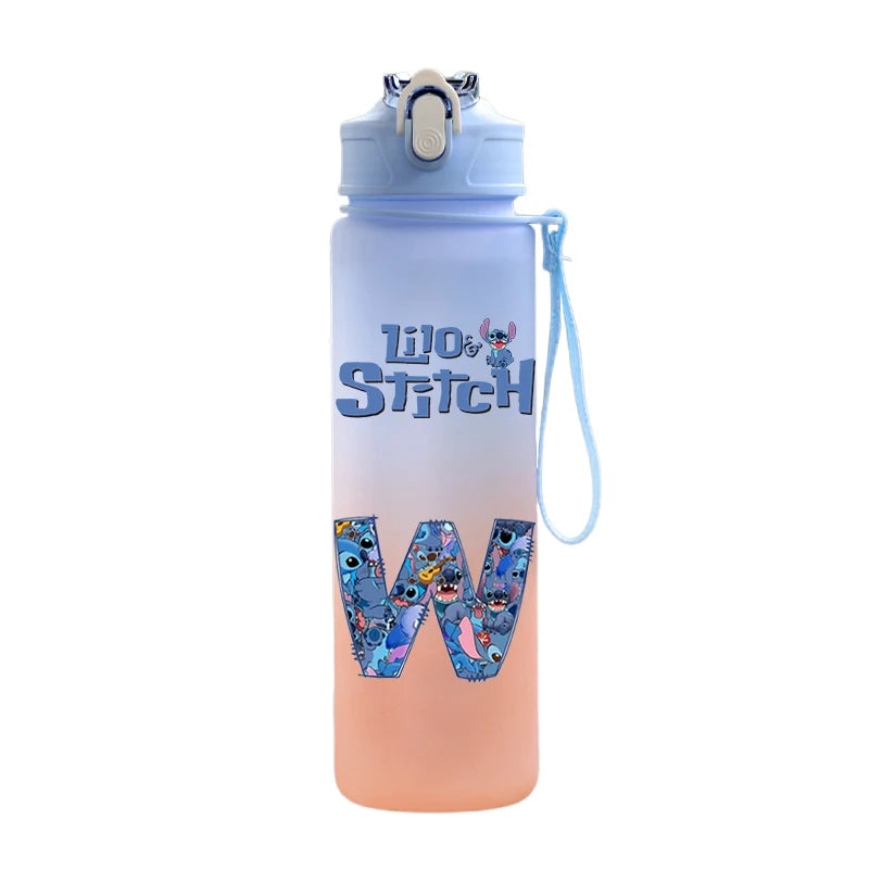750ml Letter A-Z Printed Lilo Stitch Water Bottle Anime Large Capacity Drinking Cup Portable Outdoor Sports Water Cup kid Gift