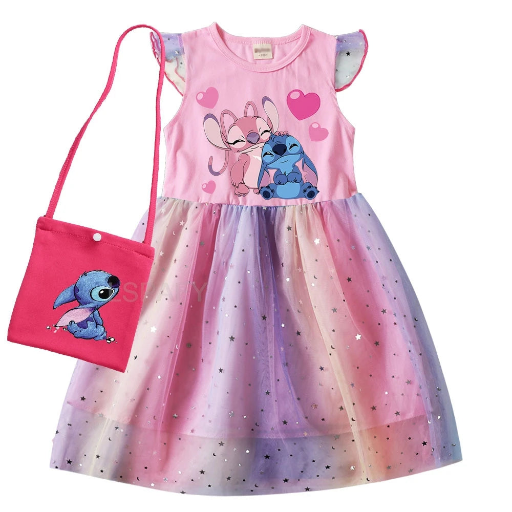 Hot Lilo And Stitch Girls Children Spring Summer Tutu Stitch Dress +Bag Kids Princess Girls Birthday Party Dress Costume