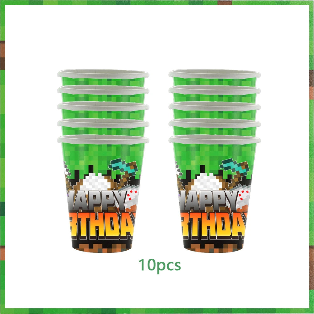 Miner Crafting Pixel Video Game Party Decor Disposable Tableware Backdrop For Kids Party Supplies Cup Plate Banner Toy Gifts