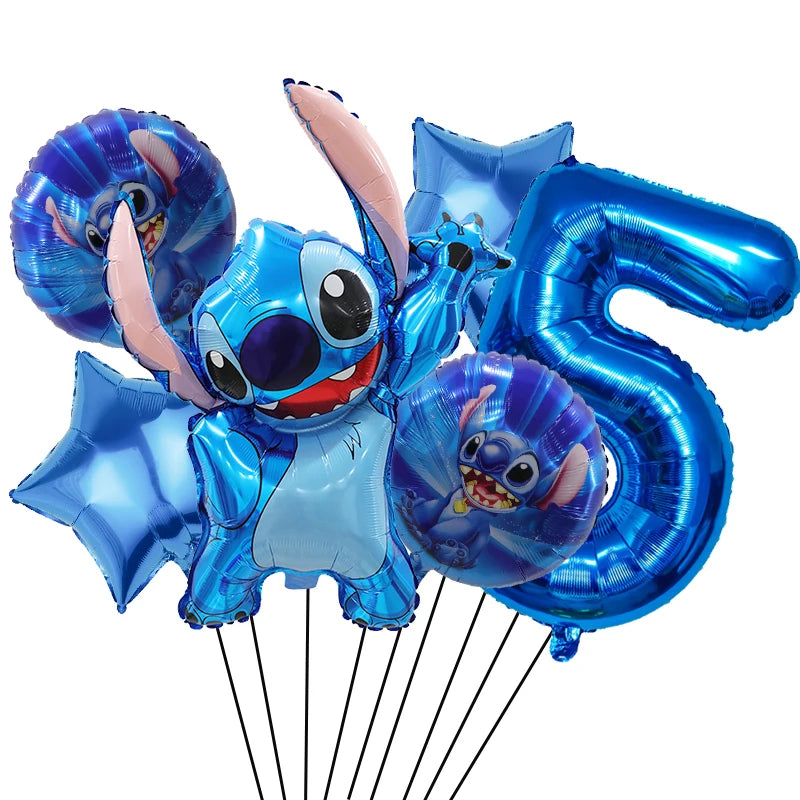 6 Pcs Blue Stitch Foil Balloons Set Digit 1-9 Years Old Balloons Cartoon Stitch Themed Baby Shower Kids Birhday Party Decoraions