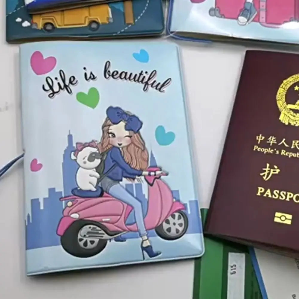 Gift Cartoon Girl Passport Cover PU Waterproof Certificate Protective Sheath Card Holder Multi-function ID Card Holder Unisex