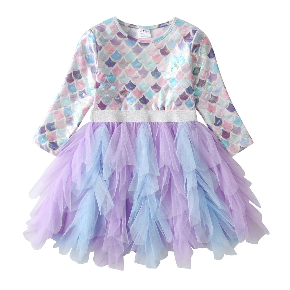 DXTON Autumn Princess Dress Mermaid Children Birthday Party Girls Dress Irregular Layered Prom Kids Long Sleeve Costumes 3-8Y