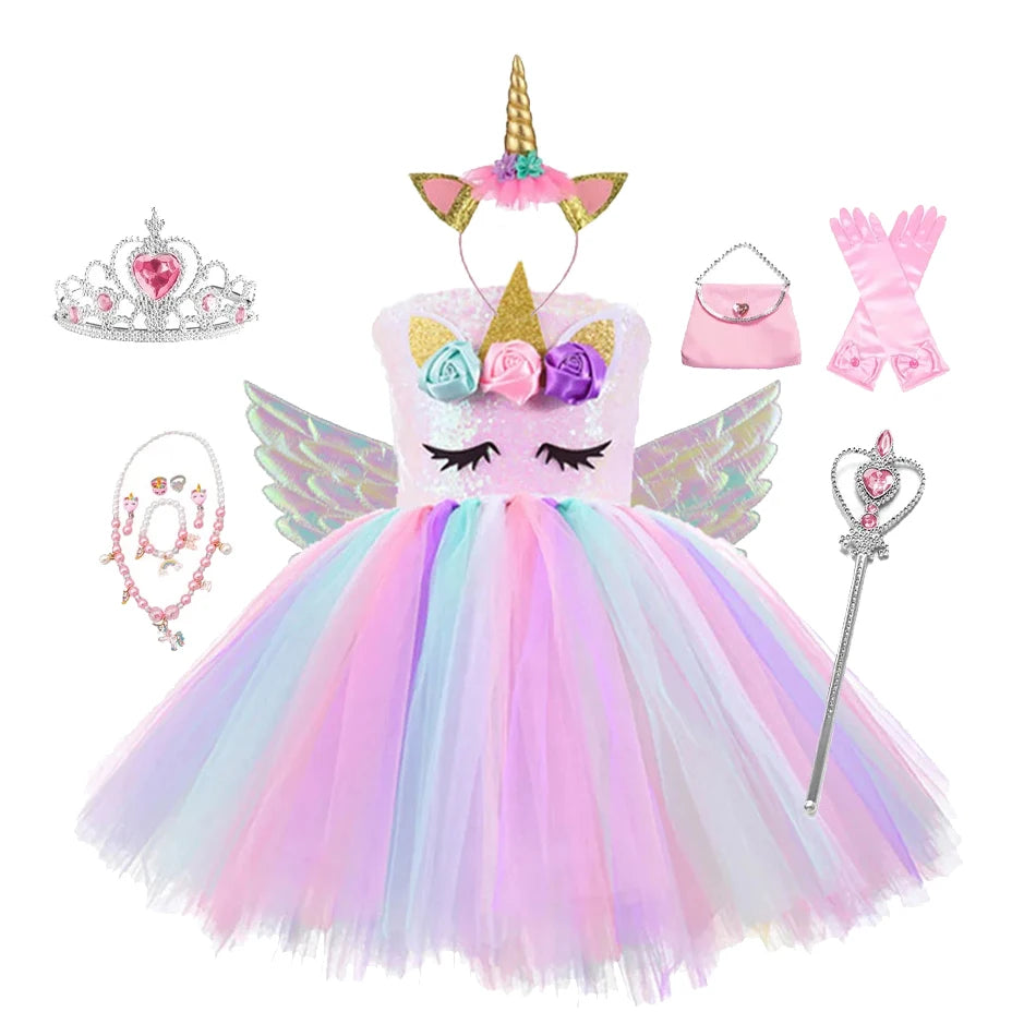 Princess Girls Unicorn Tutu Dress Outfits Pastel Flower Baby Girl Birthday Party Dresses Tulle Kids Halloween Cosplay Costumes