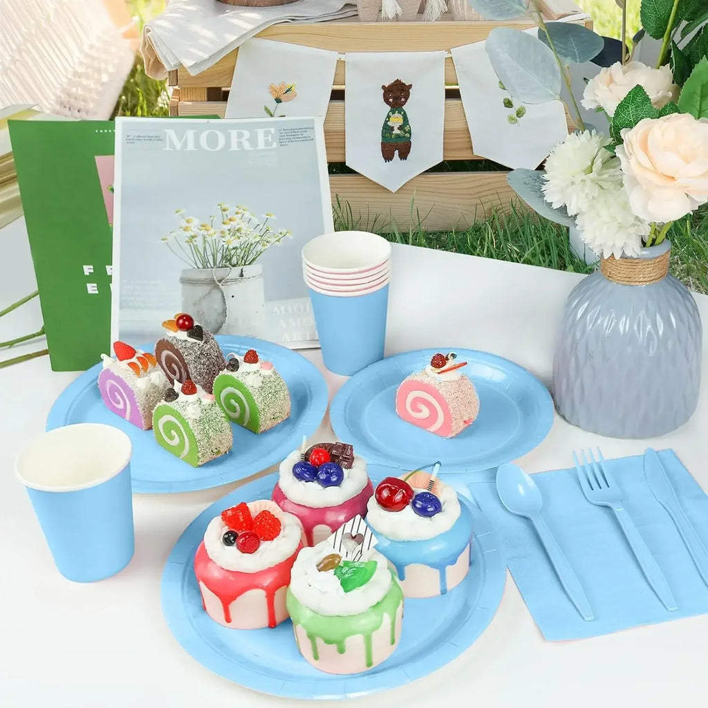 Solid Light Blue Theme Birthday Super Girls Decorations Party Disposable Tableware Paper Napkins Cups Plates Tablecloths Straws