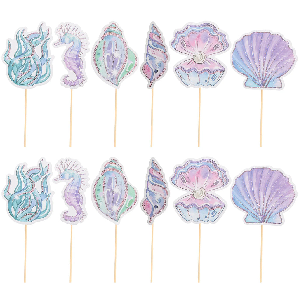 12Pcs Glitter Mermaid Cake Insert ornament Seahorse Star fish Cake Topper Cupcake Dessert Topper Baby Shower Birthday