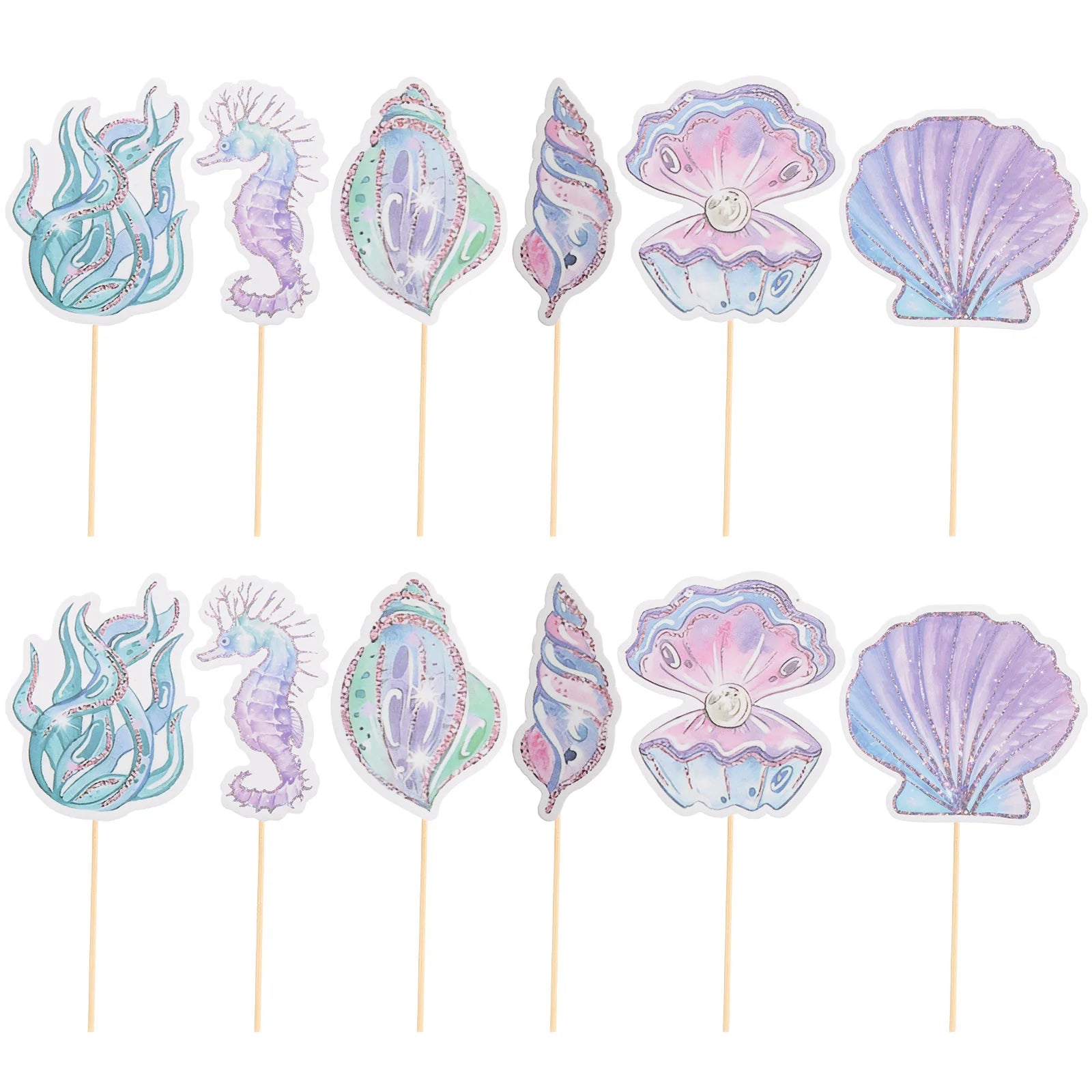 12Pcs Glitter Mermaid Cake Insert ornament Seahorse Star fish Cake Topper Cupcake Dessert Topper Baby Shower Birthday