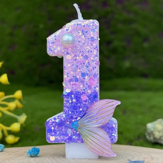 Purple Mermaid Tail Glitter 0-9 Number Candle Birthday Party Candle for Girls Cake Decoration