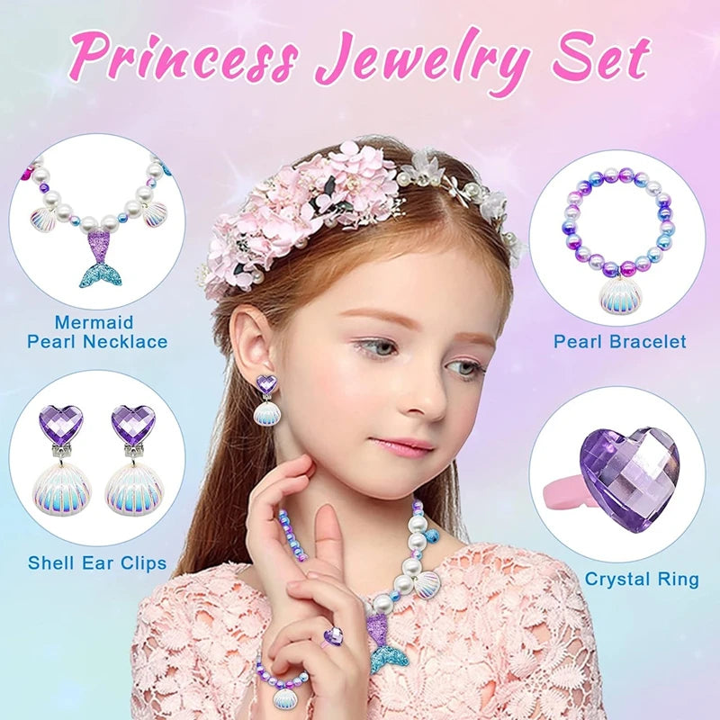 5Pcs/set Girl Princess Mermaid Shell Charm Necklace Bracelet Jewelry Set for Daughter Niece Children Favor Birthday Party Favor