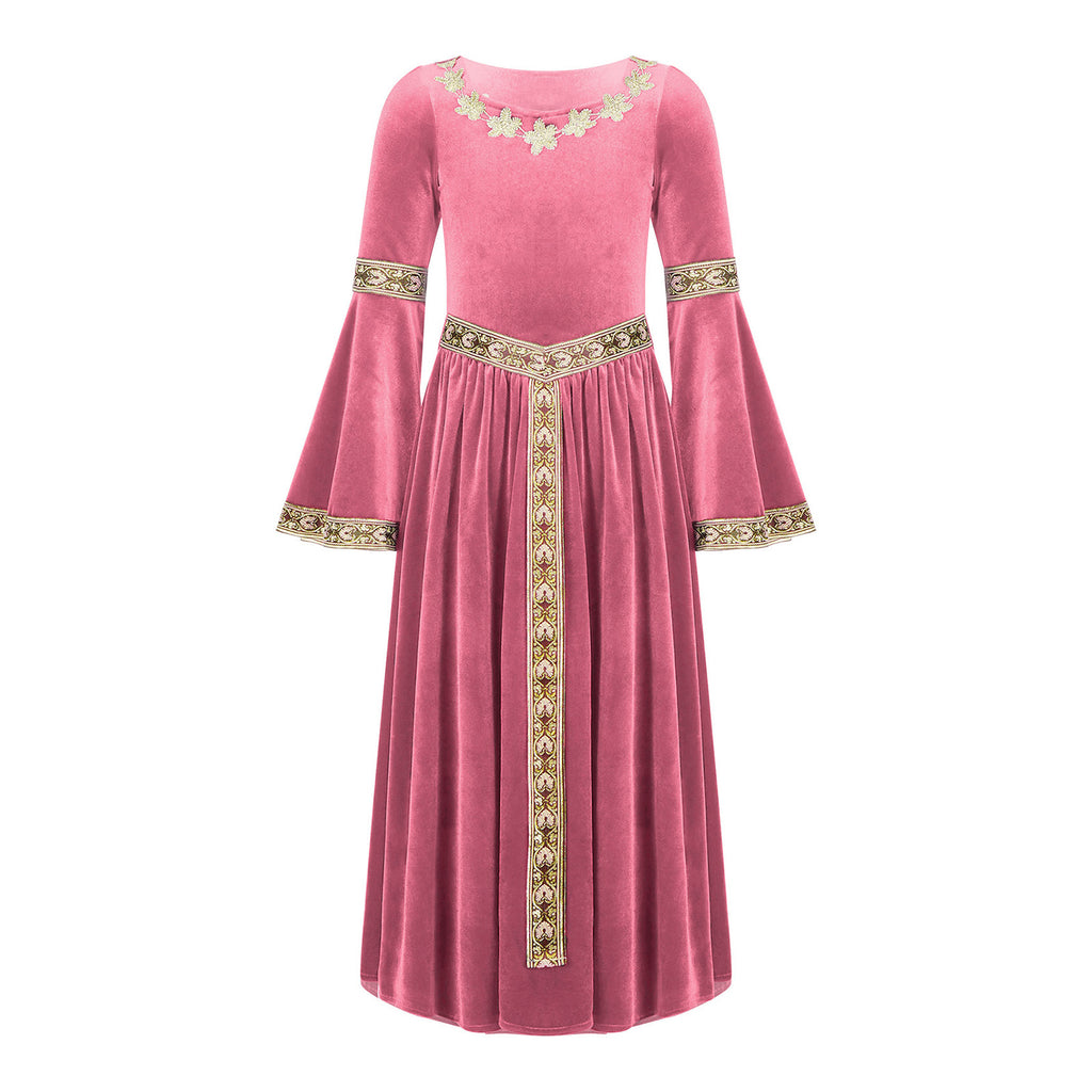 Kids Girls Medieval Renaissance Princess Costume Velvet Long Flare Sleeve Vintage Dress Gown Carnival Party Cosplay Dress Up